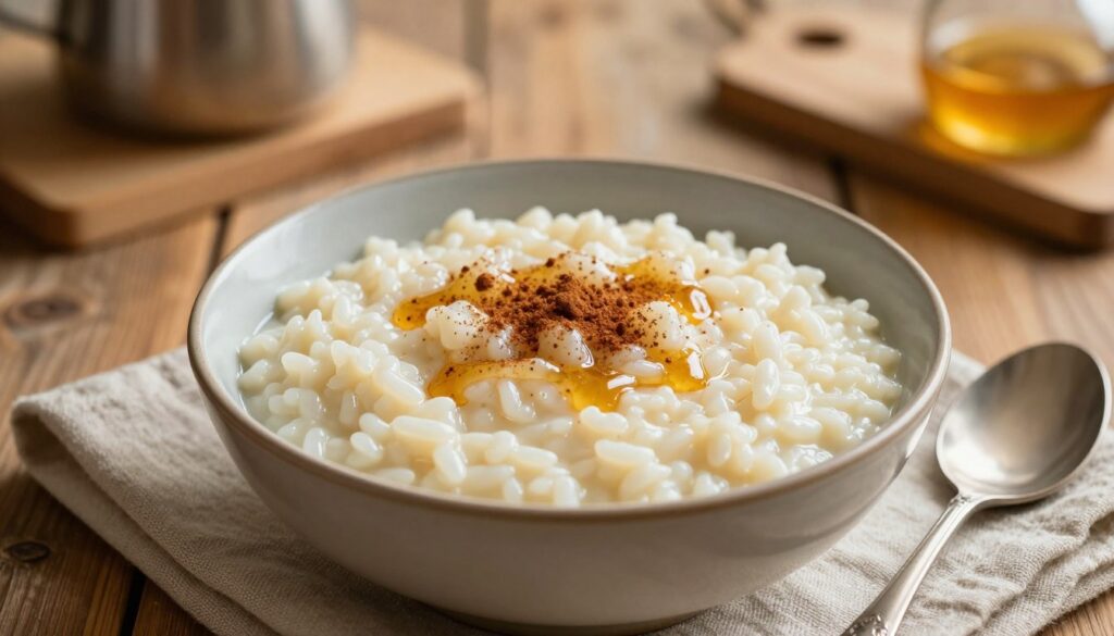 A bowl of creamy rice pudding, known as "ryż na mleku", garnished with a sprinkle of cinnamon and a drizzle of honey. The bowl is placed on a rustic wooden table, surrounded by a linen napkin and a spoon artistically resting beside it. In the background, soft, warm lighting bathes the scene, creating a cozy and inviting atmosphere. The focus is on the texture of the creamy rice, with individual grains glistening like pearls in the soft light. Through a shallow depth of field, the blurred background hints at a kitchen setting, with faint outlines of cookware and ingredients to imply the preparation process. The overall mood is warm and comforting, perfectly capturing the essence of homemade comfort food.