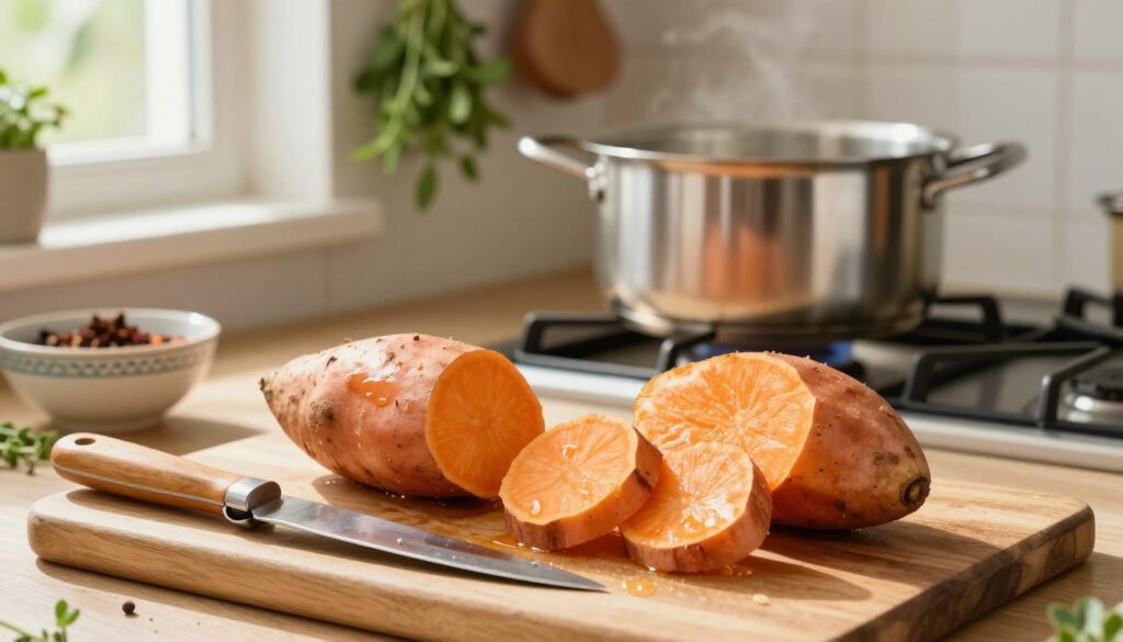A bright, inviting kitchen scene showcasing the preparation of sweet potatoes. In the foreground, a wooden cutting board holds freshly washed, vibrant orange sweet potatoes, with a peeler and knife positioned beside them. The sweet potatoes are slightly wet, glistening under the warm, natural light filtering in from a nearby window. In the middle ground, a stainless steel pot filled with water sits on a gas stove, ready for boiling. A decorative bowl of spices and herbs is visible, hinting at flavor enhancement. The background reveals a clean and organized kitchen, with herbs hanging in a rustic manner and soft green plants on the countertop. The overall atmosphere is warm and cozy, encouraging a sense of home cooking and preparation. The image composition should evoke a fresh, wholesome vibe, capturing the essence of cooking.