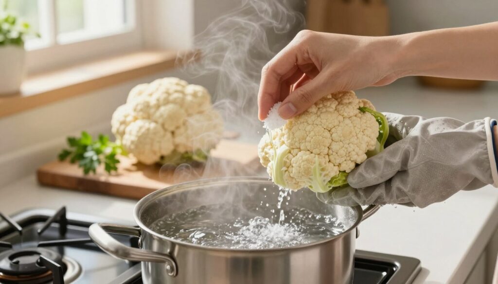 A bright, inviting kitchen scene where a head of fresh cauliflower is being prepared for cooking. In the foreground, a pot of boiling water on the stove, with steam rising gently. A hand, wearing a simple kitchen glove, is carefully adding salt to the water, enhancing the cooking process. The middle ground features the unpeeled cauliflower on a wooden cutting board, surrounded by a few sprigs of parsley for garnish. The background captures warm, natural light streaming through a window, giving the kitchen a cozy and homey atmosphere. The overall mood is calm and focused, emphasizing the step-by-step preparation of boiling cauliflower while keeping its color vibrant and texture intact.