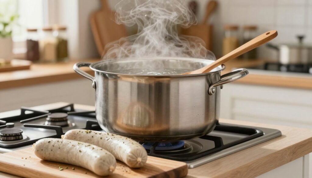A classic kitchen scene featuring a large, stainless steel pot (garnek) filled with water, gently simmering on a stovetop. In the foreground, show fresh white sausages (biała kiełbasa) resting on a wooden cutting board, lightly seasoned with herbs. The background is a cozy kitchen setting, with shelves lined with spices and ingredients, warm light illuminating the scene from a nearby window, creating a welcoming ambiance. The focus is on the pot, with steam rising softly from the surface of the water, hinting at the cooking process. A wooden spoon rests beside the pot, emphasizing the preparation aspect. Capture the atmosphere of home cooking, inviting and warm, perfect for illustrating a step-by-step cooking guide.