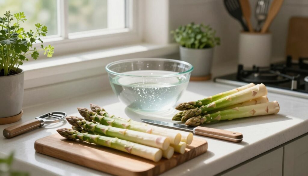 A clean and inviting kitchen countertop is filled with fresh green and white asparagus, ready for preparation. In the foreground, a wooden cutting board displays a bunch of freshly washed asparagus with the ends trimmed and some spears being peeled. A vegetable peeler and a small knife rest beside the asparagus, hinting at the preparation process. The middle layer showcases a bowl of clean water for rinsing vegetables, with droplets glistening under soft, natural sunlight streaming in from a nearby window. The background features a cozy kitchen setting with herbs in pots and utensils on display, contributing to a warm and homely atmosphere. The scene captures the essence of cooking, emphasizing freshness and simplicity, aiming for a bright and airy mood.