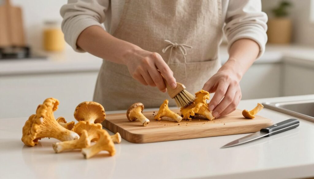 A clean, well-lit kitchen countertop serves as the foreground, featuring a beautifully arranged display of freshly picked chanterelle mushrooms (known as "kanie"). The mushrooms are elegantly placed on a wooden cutting board, with a small, sharp knife beside them, indicating the process of preparation. In the middle ground, a person with modest casual clothing, focused and methodical, gently brushes the mushrooms with a soft brush to remove dirt, showcasing the technique of cleaning without water. The background features soft, warm lighting that enhances the natural colors of the mushrooms and the kitchen environment, creating a cozy and inviting atmosphere. The overall mood is calm and professional, ideal for illustrating the topic of preserving the flavor and quality of chanterelles.