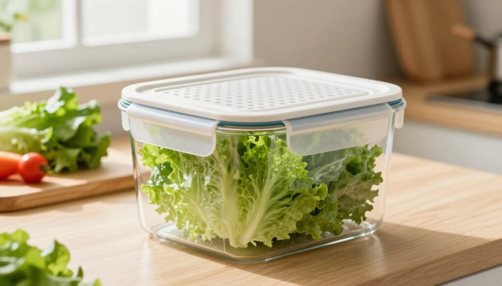 A clear and modern kitchen scene featuring an air circulation container specifically designed for keeping lettuce fresh. In the foreground, focus on a stylish, transparent container with a perforated lid, showcasing vibrant green lettuce inside, slightly glistening with water droplets. The middle ground includes a wooden cutting board with a few fresh vegetables, emphasizing a healthy cooking environment. In the background, soft natural light streams through a window, highlighting the freshness of the produce and creating a warm, inviting atmosphere. The angle should showcase the container at eye level, capturing details of its design and the freshness of the ingredients, promoting a sense of vitality and crispness suitable for food preservation.
