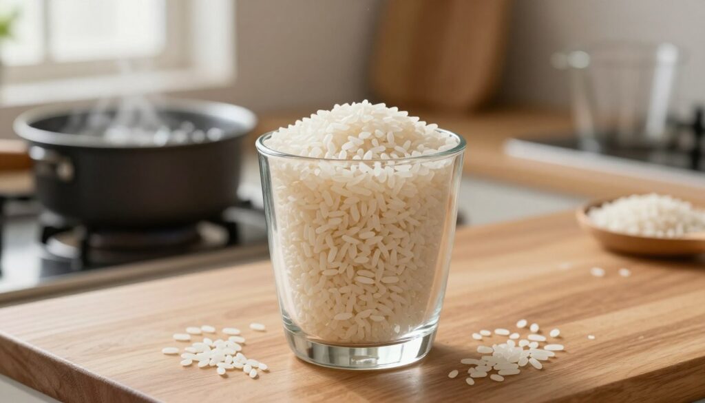 A clear, close-up view of a glass of uncooked white rice, poured to the brim, resting on a wooden kitchen countertop. Surround the glass with a few grains of rice scattered artistically around it to enhance the composition. In the background, softly blurred, show a small saucepan with boiling water and a measuring cup to hint at the cooking process. The lighting is warm and inviting, with soft natural light coming from a nearby window, creating a cozy kitchen atmosphere. The focus is sharp on the rice glass to emphasize its texture, while the background remains slightly out of focus to add depth. Aim for a clean and appetizing feel that highlights the simplicity of cooking rice.