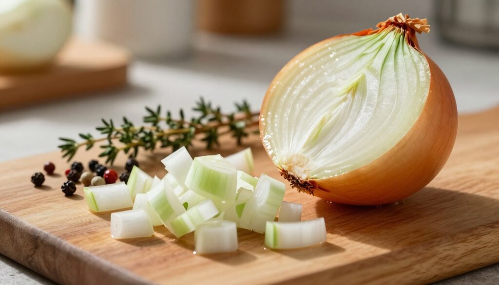A close-up composition of a sliced onion on a rustic wooden cutting board, glistening with freshness. The foreground features vibrant, finely chopped onion pieces scattered artfully around the whole onion. In the middle ground, an array of colorful spices like peppercorns and thyme complements the onion, hinting at the flavors of cooking. Soft, warm natural light filters in from the side, casting delicate shadows and enhancing the textures of the onion and spices. The background is blurred with hints of a cozy kitchen environment, evoking a warm, inviting atmosphere. This image captures the essence of seasoning and the foundational role of onion in cooking, suggesting harmony without overwhelming saltiness.
