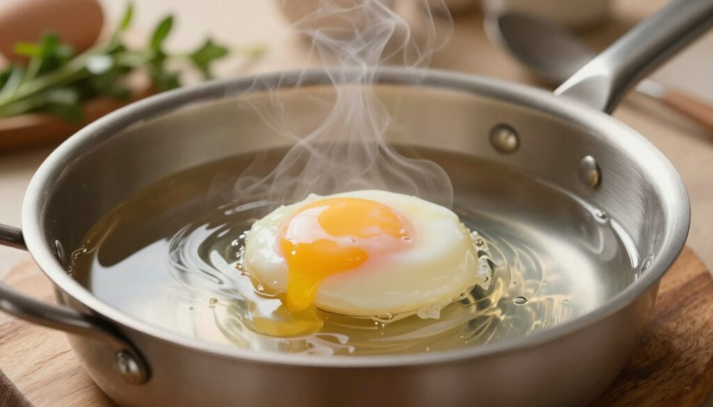 A close-up image of a perfectly poached egg resting on a rustic wooden plate, surrounded by a delicate swirl of steaming, clear water in a stainless steel saucepan. The egg's soft, silky surface glistens under warm, natural light, showcasing its creamy yolk slightly peeking out. In the background, a blurred kitchen setting with herbs and cooking utensils, evoking a cozy culinary atmosphere. The scene captures the essence of classic cooking techniques, emphasizing the simplicity and elegance of poaching eggs. The overall mood is warm and inviting, inviting viewers to experience the tranquility of cooking.