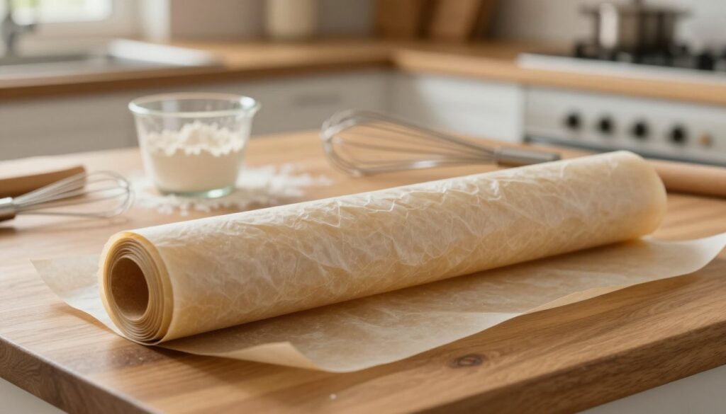 A close-up image of breakfast parchment paper, neatly rolled and partially unrolled on a wooden kitchen counter. In the foreground, showcase the texture of the parchment, highlighting its semi-transparent and slightly crinkled surface. In the middle ground, depict a small array of common baking items, such as a measuring cup, a whisk, and some flour scattered lightly, illustrating its use in cooking. In the background, have a softly out-of-focus kitchen scene with warm, inviting lighting to create a cozy atmosphere. Use a shallow depth of field to emphasize the parchment paper while still hinting at the kitchen setting. The mood should be warm and homey, conveying a sense of safe cooking practices while subtly warning against improper uses of alternatives to baking paper.