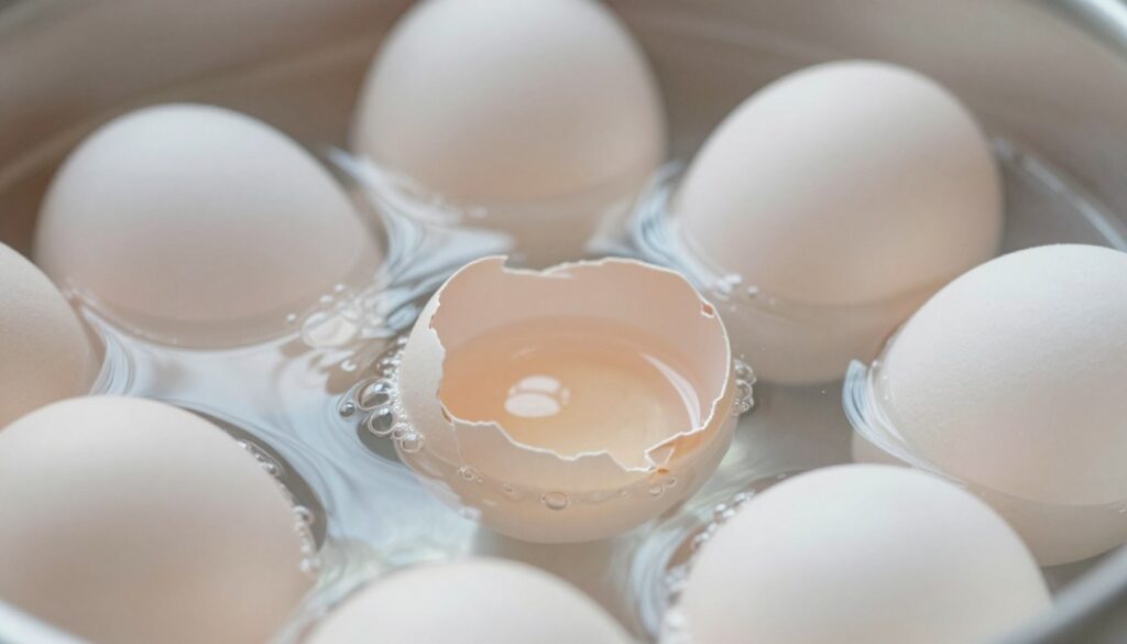A close-up image of delicate egg shells submerged in clear, gently rippling water, creating playful reflections and soft bubbles. The foreground features several cracked and uncracked egg shells, showcasing their unique textures and subtle hues of white and pale beige. In the middle, the water surface surrounds the shells, illuminated by soft, natural lighting that emphasizes the translucence and fragility of the shells. The background remains softly blurred, hinting at a kitchen setting with a hint of warmth and coziness. The overall atmosphere conveys a sense of simplicity and tranquility, inviting a focus on the beauty of eggs and the easy peeling process. The image should evoke a feeling of precision and care in cooking techniques.