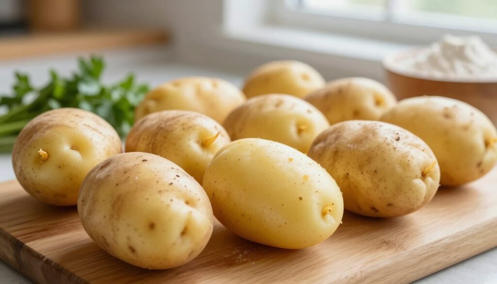 A close-up image of fresh, raw potatoes, specifically varieties suited for making Polish dumplings, such as Yellow Finn or Yukon Gold. The potatoes display their earthy, rustic skin with slight blemishes and a few sprouting eyes, arranged artfully on a wooden cutting board. In the background, a soft-focus kitchen setting creates a warm, inviting atmosphere with natural light streaming through a window, casting gentle shadows. A few sprigs of parsley and a bowl of flour can be seen subtly placed to the side, hinting at preparation for dumplings. The mood is homey and culinary, evoking a sense of traditional cooking. The angle is slightly from above, capturing the texture of the potatoes while maintaining a soft focus on the background elements. A close-up image of fresh, raw potatoes, specifically varieties suited for making Polish dumplings, such as Yellow Finn or Yukon Gold. The potatoes display their earthy, rustic skin with slight blemishes and a few sprouting eyes, arranged artfully on a wooden cutting board. In the background, a soft-focus kitchen setting creates a warm, inviting atmosphere with natural light streaming through a window, casting gentle shadows. A few sprigs of parsley and a bowl of flour can be seen subtly placed to the side, hinting at preparation for dumplings. The mood is homey and culinary, evoking a sense of traditional cooking. The angle is slightly from above, capturing the texture of the potatoes while maintaining a soft focus on the background elements.