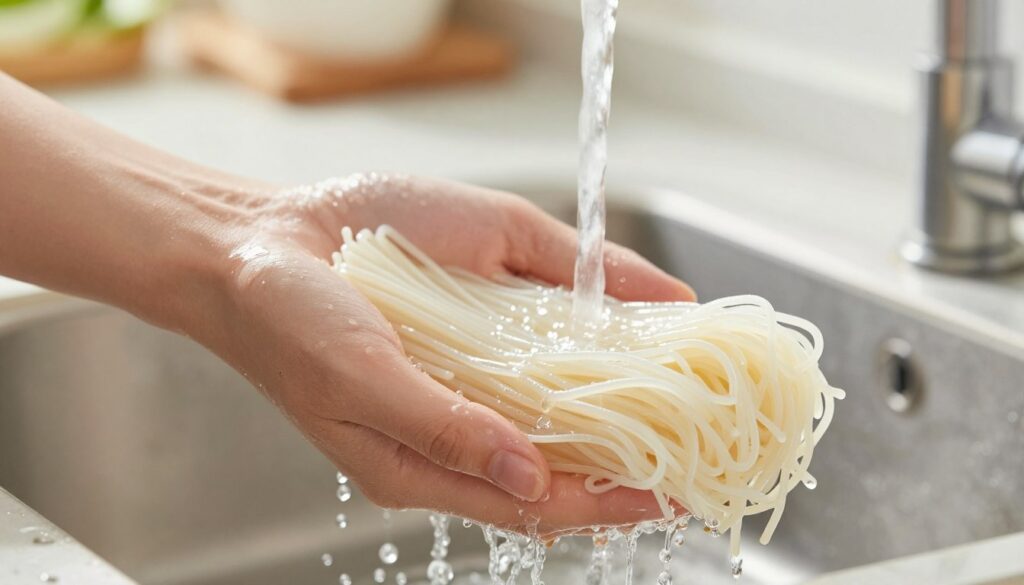 A close-up of a hand gently rinsing cooked rice noodles under cold running water, highlighting the droplets glistening as they cascade off the soft, translucent noodles. The foreground features the delicate strands of rice noodles, capturing the texture and slight shine. In the middle, the water stream is prominently visible, creating a sense of movement and freshness. The background is softly blurred, depicting a clean kitchen environment with a light-colored countertop and subtle kitchen tools, creating an inviting and serene atmosphere. The lighting is bright and natural, suggesting a sunny day, adding warmth to the scene. The overall mood is calm and focused, emphasizing the care taken in the cooking process.