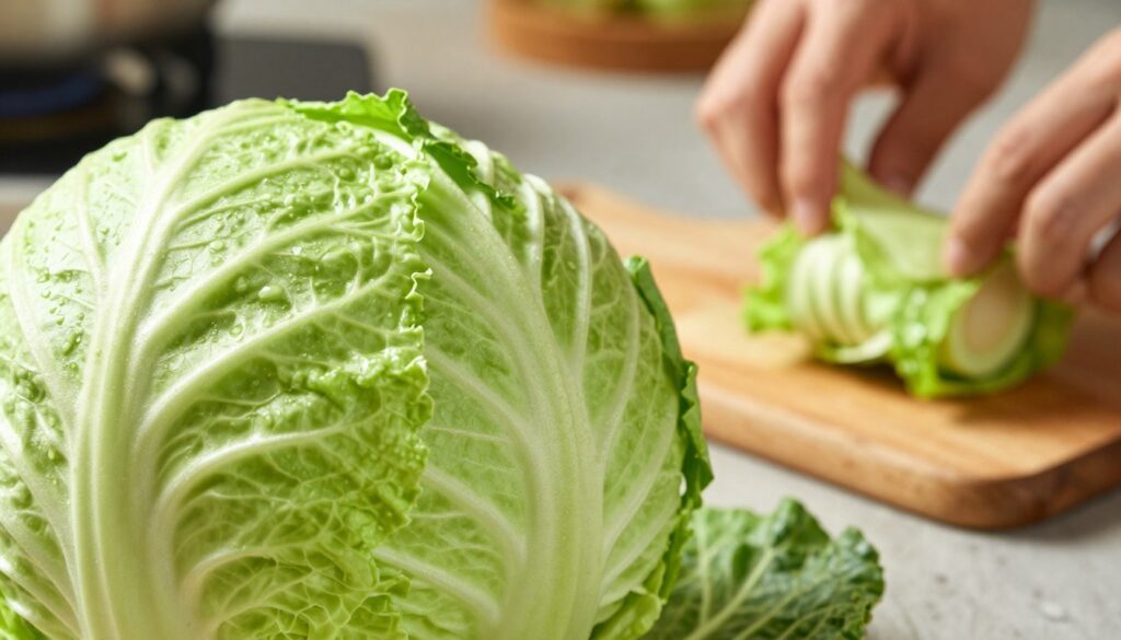 A close-up of a vibrant and fresh head of cabbage, ideal for making stuffed cabbage rolls, showcasing its tightly packed, smooth green leaves. The cabbage sits prominently in the foreground, with a slightly dewy appearance, emphasizing its freshness. In the middle ground, include a rustic wooden cutting board with a few leaves being gently peeled away, suggesting preparation. The background features a softly blurred kitchen environment with hints of cooking utensils and warm, inviting lighting creating a cozy atmosphere. Use a shallow depth of field for a crisp focus on the cabbage while the background remains softly diffused, evoking a sense of home and culinary warmth. The overall color palette should be lush greens and earth tones, ensuring a natural and appetizing look.
