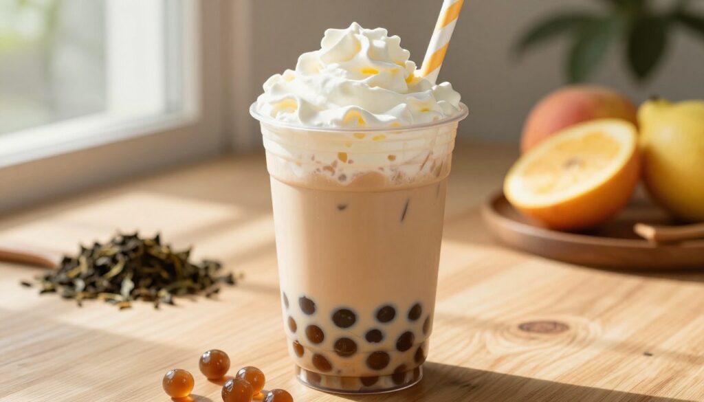 A close-up of a vibrant, colorful bubble tea cup filled with creamy, brown tapioca pearls, sitting on a wooden table. The cup features a clear body showcasing the layers of tea, milk, and ice, topped with a generous layer of whipped cream. In the background, softly blurred, are ingredients like tea leaves and fresh fruits, hinting at the flavors within. The scene is illuminated by natural light streaming from a nearby window, casting gentle shadows. The mood is inviting and refreshing, perfect for a warm afternoon. A striped straw peeks out from the cup, adding a playful touch to the composition, emphasizing the delightful experience of enjoying bubble tea in desserts and beverages.