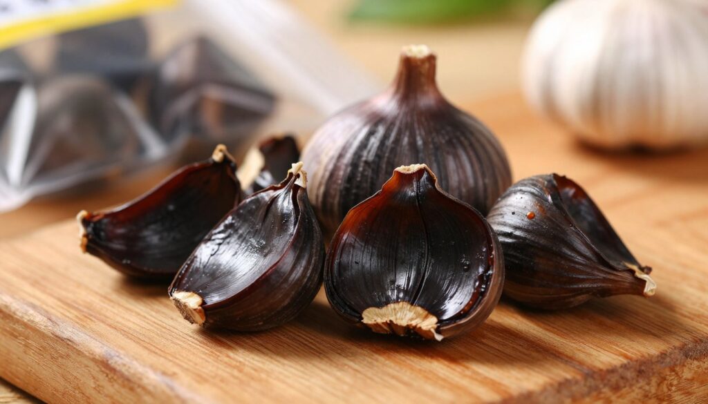 A close-up of black garlic cloves elegantly arranged on a rustic wooden surface. The cloves are glossy and dark, showcasing their unique texture and rich, caramel-like color. In the background, subtle hints of protective packaging, like breathable bags or glass containers, suggest methods for preserving the garlic's aromatic qualities. Soft, natural lighting highlights the sheen of the garlic, creating a warm and inviting atmosphere. A shallow depth of field softly blurs the background while keeping the garlic in sharp focus. The overall mood is cozy and earthy, emphasizing the natural beauty and culinary appeal of black garlic.