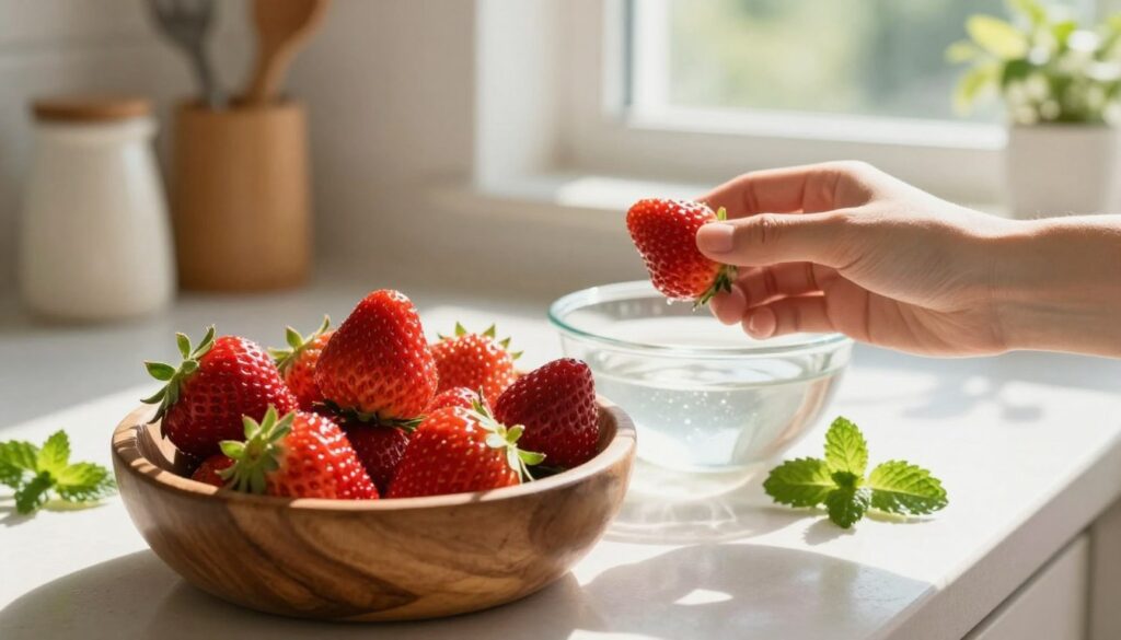 A close-up of fresh, glistening strawberries in a rustic wooden bowl on a kitchen countertop, with a gentle morning light streaming in from a nearby window, casting soft shadows. In the foreground, a hand, wearing a simple band, delicately holds one strawberry, contemplating whether to wash it or keep it as is. In the middle ground, a small bowl filled with water suggests the washing process, while some mint leaves are scattered for a pop of green. The background features blurred kitchen utensils and a hint of a window revealing a sunny garden, enhancing a fresh and inviting atmosphere. The overall mood is warm and cozy, emphasizing the beauty of fresh produce and the decision-making involved in food preparation.