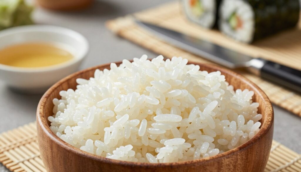 A close-up of perfectly cooked sushi rice, showcasing its unique sticky and elastic texture, glistening under soft, natural lighting. In the foreground, a wooden bowl filled with the rice, emphasizing its pearly white color and individual grains. Surrounding the bowl, essential sushi-making ingredients like a small dish of rice vinegar, a bamboo mat, and a sharp knife for slicing sushi ingredients. The background features a softly blurred kitchen setting, with a hint of sushi rolls being prepared, creating an inviting and authentic atmosphere. The composition conveys a sense of warmth and culinary artistry, suitable for showcasing the preparation of sushi rice.