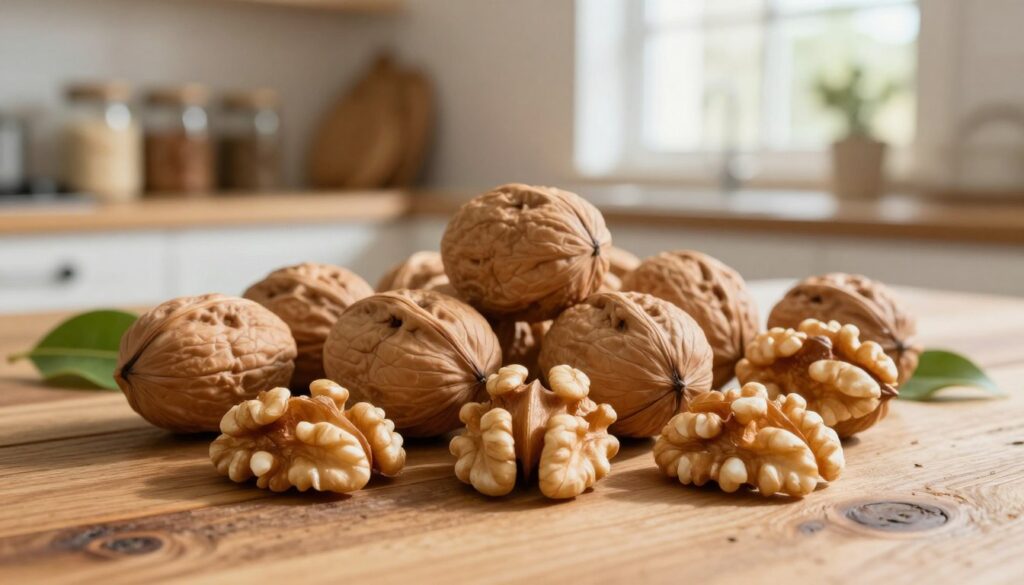 A close-up of shelled walnuts delicately arranged on a rustic wooden table, with a soft-focus background of a cozy kitchen setting, including shelves filled with jars and natural light streaming through a window. The walnuts should be displayed in a slightly scattered arrangement, showcasing their rich, brown textures and unique shapes. A few green leaves nearby hint at freshness and complement the earthy tones. The lighting should be warm and inviting, casting gentle shadows to enhance the three-dimensional quality of the nuts. Capture a sense of tranquility and health, emphasizing the importance of proper storage with an overall mood of nourishment and sustainability.