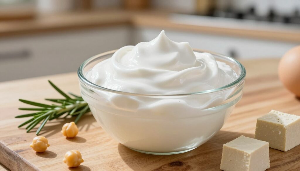 A close-up scene featuring a clear glass bowl of aquafaba, showcasing its frothy, whipped texture, sitting on a rustic wooden table. Surrounding the bowl are fresh ingredients like chickpeas, a sprig of rosemary, and a few tofu cubes cut into elegant shapes, emphasizing their compatibility as egg substitutes. The background features a softly blurred kitchen setting with natural light streaming in, creating a warm and inviting atmosphere. The lighting should highlight the glossy sheen of the aquafaba while casting delicate shadows, adding depth to the composition. The image should evoke a sense of freshness and healthiness, ideal for illustrating a plant-based cooking theme.
