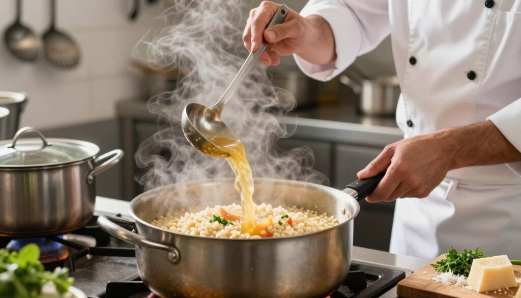 A close-up scene of a professional kitchen where a chef, dressed in a white apron and chef's hat, skillfully stirs a bubbling pot of risotto on the stove. The pot is filled with creamy, fragrant rice, and steam rises into the air. In the foreground, a ladle is poised to pour rich, golden broth into the pot, while fresh herbs and grated cheese are scattered on a nearby cutting board. The background features bright, soft lighting that enhances the warm atmosphere, with kitchen utensils hanging and pots simmering. The focus is on the texture of the risotto, the vibrant colors of the ingredients, and the chef's concentrated expression, conveying the art of cooking risotto al dente through the technique of gradually adding broth and stirring.