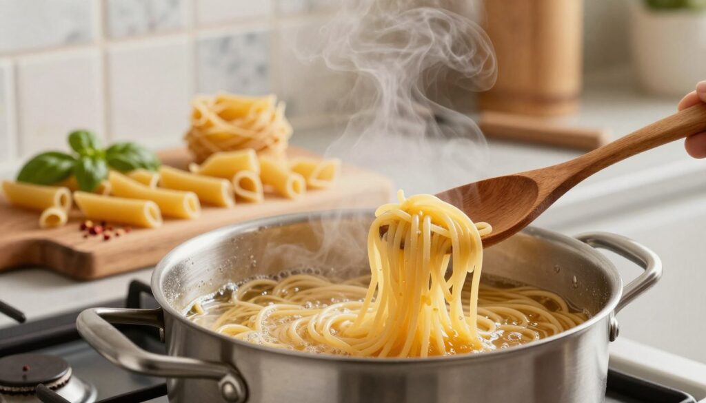 A close-up shot of a pot of boiling spaghetti on a stovetop, steam rising gently into the air, capturing the moment before the pasta is ready. In the foreground, a wooden spoon rests against the edge of the pot, with strands of al dente spaghetti curling enticingly. In the middle ground, various types of pasta, including penne and fusilli, are artfully displayed on a rustic wooden cutting board, surrounded by fresh basil and crushed red pepper flakes. The background includes a softly lit kitchen with a beautiful tile backsplash and gentle lighting, creating a warm and inviting atmosphere. The photograph should evoke a sense of culinary joy and warmth, showcasing the delightful process of cooking pasta.
