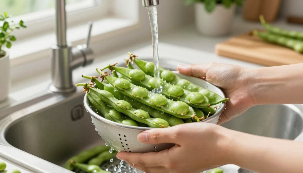 A close-up shot of fresh green fava beans (bób) being rinsed under running water in a modern kitchen. In the foreground, a hand gently holds a bowl filled with freshly shelled beans, sparkling with droplets of water. The middle scene features a colander resting in the sink, with additional beans spilling out. Bright, natural light streams in from a nearby window, casting soft shadows and highlighting the vibrant green color of the beans. In the background, elements of the kitchen are slightly blurred, including herbs in pots and a wooden cutting board, creating a warm and inviting atmosphere. The focus is on cleanliness and preparation, emphasizing the importance of washing and soaking the beans before cooking.