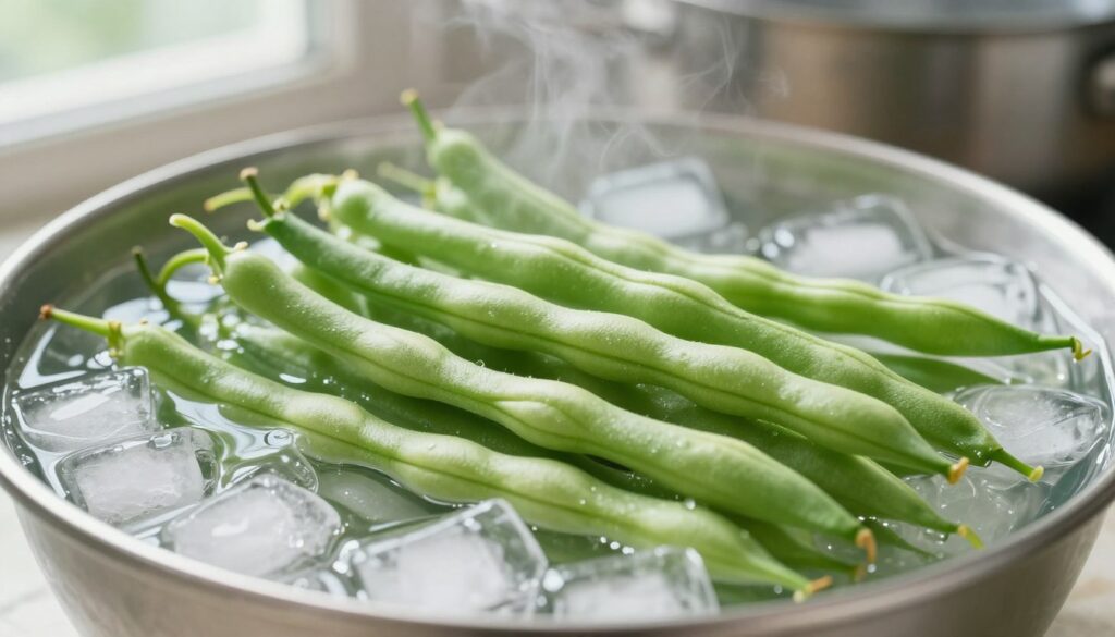 A close-up shot of freshly blanched green beans, showing their vibrant color and crisp texture. The beans are nestled in a large bowl of ice water, with ice cubes glistening to emphasize the cooling process. In the background, a pot of boiling water can be seen, steam rising softly, hinting at the cooking process just completed. Natural light pours in from a nearby window, casting soft shadows and highlighting the freshness of the vegetables. The atmosphere is crisp and clean, suggesting a focus on healthy cooking. The composition should capture the importance of "shocking" the beans to maintain their crunch, without any distractions or text.