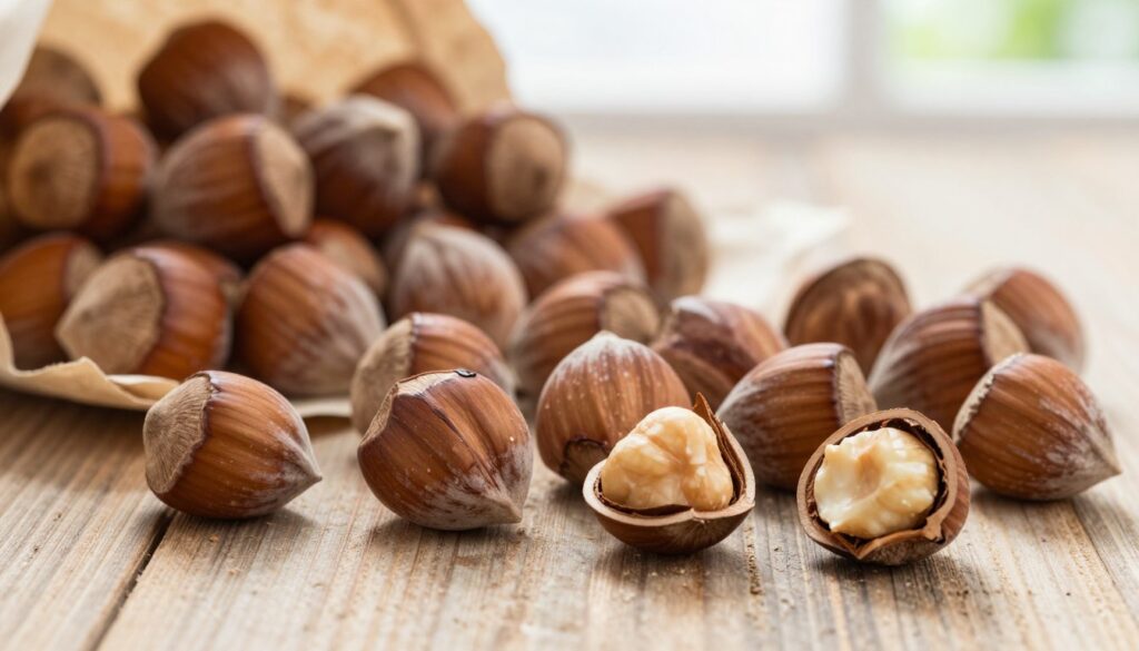 A close-up shot of hazelnuts arranged on a rustic wooden table, with some nuts cracked open to reveal their creamy, slightly off-white interiors. The foreground is filled with the shiny, dark brown outer shells of the hazelnuts, displaying a few that are discolored or shriveled, indicating spoilage. The middle ground features an assortment of whole hazelnuts, some piled in a natural, organic manner, and a few scattered pieces of delicate parchment paper to enhance the rustic feel. In the background, soft natural light filters through a window, creating a warm, inviting atmosphere that highlights the textures of the shells and the warm tones of the wood. The image should evoke a sense of nostalgia and care in food storage, emphasizing the importance of recognizing freshness. Natural shadows subtly accentuate the scene while maintaining a clean focus on the hazelnuts.