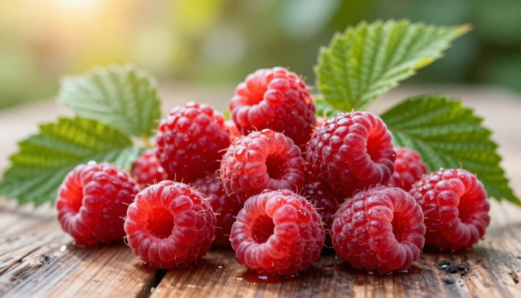 A close-up still life of vibrant, fresh raspberries (maliny) arranged artfully on a rustic wooden surface. The foreground features droplets of water glistening on the luscious red berries, emphasizing their freshness and juiciness. In the middle ground, lush green leaves surround the raspberries, reflecting their natural habitat. The background softly fades into a blurred garden scene, bathed in warm, natural sunlight that creates a gentle, inviting atmosphere. The lighting is soft yet vibrant, highlighting the texture of the raspberries and the intricate details of the leaves. Capture a sense of urgency and delicacy, illustrating the fleeting nature of the raspberries' freshness, with no distractions or text present.