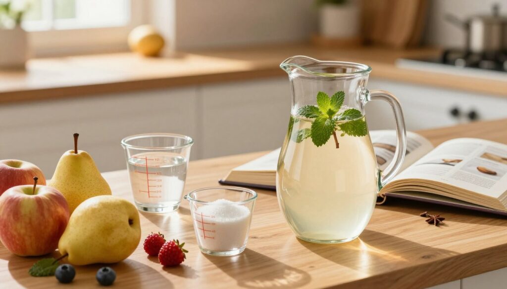 A close-up view of a beautifully arranged kitchen countertop featuring a variety of fresh fruits like apples, pears, and berries, ready for making kompot. In the foreground, a glass pitcher filled with clear, inviting liquid, garnished with mint leaves, stands next to measuring cups with precise proportions of water and sugar. The middle ground includes a cookbook open to a page detailing the steps for a perfect kompot, with subtle references to spices like cinnamon and cloves. The background depicts a softly lit kitchen with warm wood tones and gentle sunlight filtering through a window, creating a cozy, inviting atmosphere. The overall mood is warm and homey, perfect for capturing the essence of making traditional kompot.