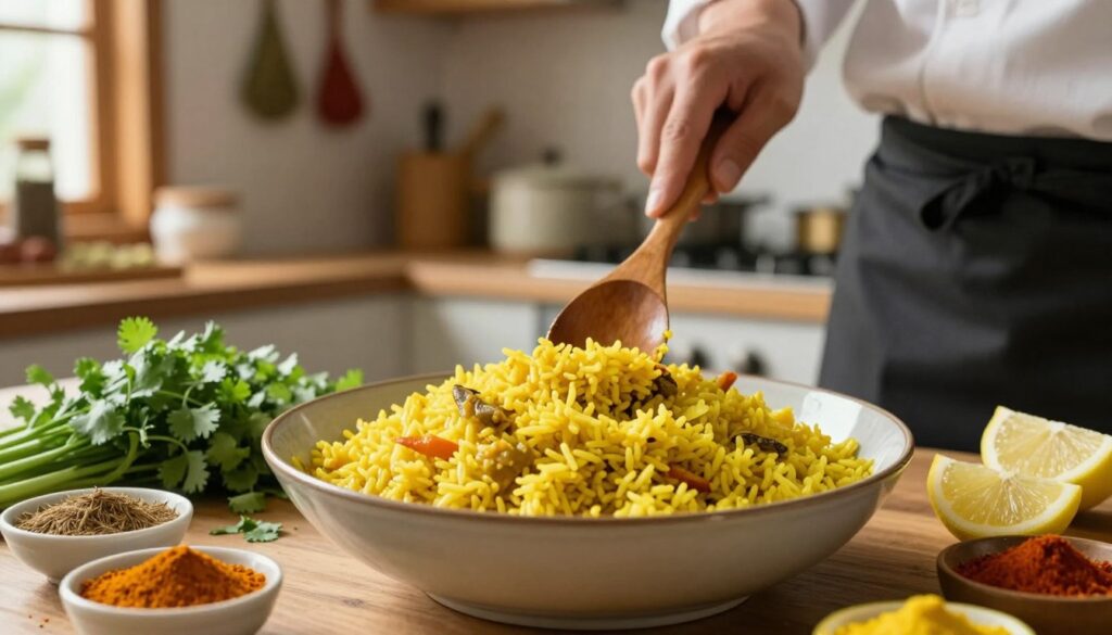 A close-up view of a beautifully styled cooking scene highlighting common mistakes when preparing curry rice. In the foreground, a large bowl of vibrant yellow curry rice is surrounded by fresh ingredients: chopped cilantro, slices of lemon, and colorful spices like turmeric and cumin in small bowls. The middle ground features a chef's hand holding a wooden spoon, ready to stir the rice, showcasing the action of cooking. In the background, a cozy kitchen with spices hanging on the wall and pots on shelves creates a warm, inviting atmosphere. Soft, natural lighting filters through a window, casting a gentle glow on the scene, evoking a sense of home and culinary warmth.
