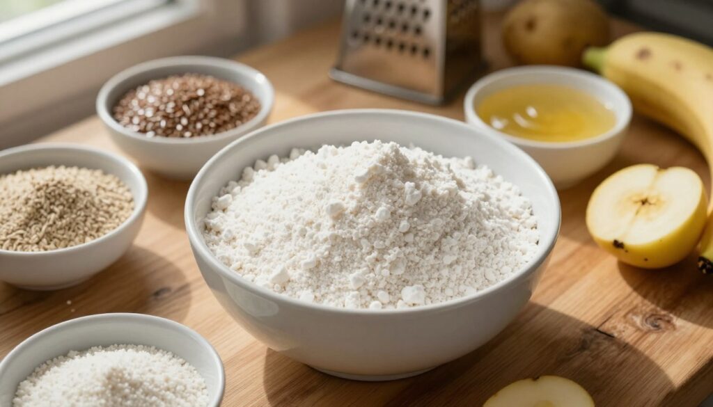 A close-up view of a bowl of fine, white potato starch (mąka ziemniaczana) nestled on a rustic wooden kitchen table. The bowl is surrounded by various neutral binding ingredients, such as flaxseed meal, apple sauce, and mashed bananas, all in small dishes to showcase alternatives for egg replacements. Soft, natural light filters through a nearby window, casting gentle shadows and highlighting the textures of the starch and the ingredients. In the background, faint outlines of grater and potatoes can be seen, creating a homely kitchen atmosphere. The scene conveys a warm, inviting mood, suitable for culinary creativity and experimentation. The perspective is slight overhead, focusing on the textures and colors of the ingredients without any distractions, ensuring the image feels clean and professional.