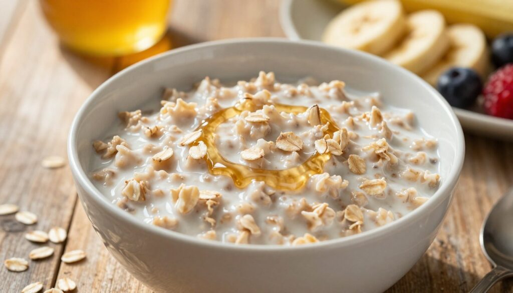 A close-up view of a bowl of oatmeal, showcasing its creamy texture and wholesome appearance. The bowl is set on a rustic wooden table, surrounded by scattered oats and a gentle drizzle of honey. In the background, a soft focus of fresh fruits like sliced bananas and berries, hinting at nutritious toppings. The light source is natural sunlight streaming in from the left, casting gentle shadows and creating a warm, inviting atmosphere. The scene is detailed, with a slight overhead angle to emphasize the richness of the oats and the simplicity of the ingredients, conveying a sense of healthiness and homeliness ideal for a nourishing meal.