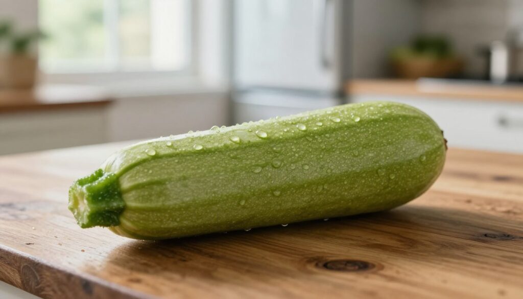 A close-up view of a fresh zucchini, showcasing its vibrant green color and subtle texture, placed on a rustic wooden kitchen table. The focus should highlight drops of condensation on the surface, emphasizing the concept of moisture and freshness. In the background, soft, diffused natural light filters through a window, creating a warm and inviting atmosphere. Subtle hints of a refrigerator and pantry in a blurred background suggest the idea of storage options. The overall mood should be serene and fresh, capturing the essence of maintaining zucchini's quality. The angle should be slightly above eye level, offering a clear perspective of the zucchini while keeping the background elements softly out of focus.