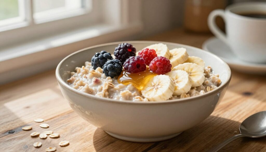 A close-up view of a hearty bowl of oatmeal topped with fresh fruits like sliced bananas, berries, and a drizzle of honey, surrounded by a few scattered oats. In the foreground, a rustic wooden table surface enhances a cozy breakfast atmosphere. The bowl is elegantly styled, made of ceramic with a natural texture. Soft, natural light pours in from a nearby window, casting gentle shadows and highlighting the rich colors of the toppings. In the background, a faint outline of a morning kitchen scene is visible, with a coffee cup and a glimpse of kitchen utensils, creating a warm and inviting mood that emphasizes breakfast as a rich, nourishing choice.