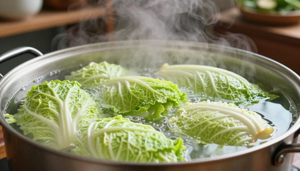 A close-up view of a large pot filled with vibrant, green cabbage leaves slowly boiling in water. The foreground features the pot with steam rising, indicating heat and cooking. In the middle, the focus should be on the thick, textured cabbage leaves, some partially submerged while others float on the surface. The background is softly blurred, showing a rustic kitchen with wooden shelves and various cooking utensils. Natural, warm lighting illuminates the scene, creating a cozy atmosphere. The composition conveys the act of cooking with care and attention, showcasing the traditional method of boiling cabbage for stuffed cabbage rolls. Ensure no people are present in the image to maintain focus on the cooking process.