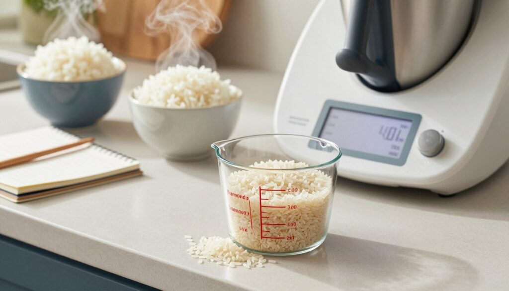 A close-up view of a modern kitchen countertop featuring a Thermomix beside a measuring cup filled with rice and a water pitcher. In the background, steaming bowls of fluffy rice and a stylish notebook displaying ideal ratios for rice and water can be seen. The scene is illuminated with soft, natural light, creating a warm and inviting atmosphere. The focus is on the measuring cup, with grains of rice spilling slightly for added texture. The angle should be slightly above eye level, emphasizing the tools and ingredients. This image should evoke a sense of comfort and culinary expertise, perfect for a cooking guide on rice preparation.