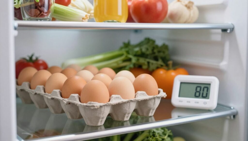 A close-up view of a neatly organized refrigerator shelf showcasing a carton of eggs prominently displayed in the foreground. The eggs should be fresh, with clean, unblemished shells, arranged beside a small digital thermometer reading a safe temperature. In the middle background, soft lighting illuminates various fridge items like vegetables and condiments, creating a vibrant yet calm atmosphere. The shelves are stainless steel, reflecting subtle highlights, adding a contemporary feel. In the far background, slightly blurred, hints of more food items evoke a sense of fullness without distraction. The overall mood is one of freshness and safety, emphasizing proper food storage practices, with an inviting, homey color palette, that encourages viewers to think about egg preservation.