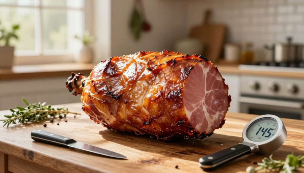 A close-up view of a perfectly cooked smoked ham placed on a rustic wooden table, surrounded by precise cooking tools like a digital meat thermometer displaying an optimal temperature of 145°F. In the background, a softly lit kitchen enhances the warm atmosphere, featuring hanging herbs and spices. Sunlight filters through a nearby window, creating gentle highlights and soft shadows across the ham, emphasizing its juicy texture and golden-brown glaze. The focus is on the ham, while the kitchen setting remains slightly blurred, conveying a sense of warmth and culinary expertise. The overall mood is inviting and homely, reflecting the art of cooking perfect, succulent meat.