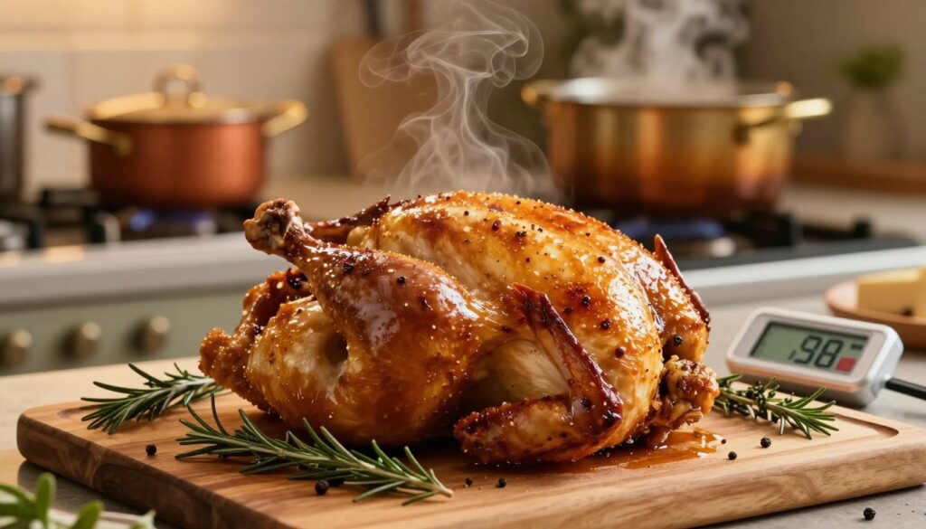 A close-up view of a perfectly roasted chicken resting on a wooden cutting board, surrounded by fresh herbs and spices like rosemary, thyme, and peppercorns. The chicken is golden brown, glistening with flavorful juices. In the background, a warm kitchen setting is illuminated by soft, ambient lighting that creates a cozy atmosphere. There are pots simmering on the stove, with steam rising, indicating a homely environment. A digital thermometer rests nearby, showing the safe internal temperature for cooked chicken. The ambiance conveys warmth, comfort, and culinary expertise, inviting viewers to engage with the process of cooking. The composition should be rich in detail, clear, and visually appealing, creating an inviting mood for the cooking theme.