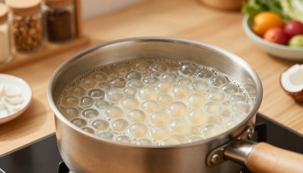 A close-up view of a pot filled with shimmering, translucent tapioca pearls, gently bubbling in clear water on a stovetop. The pearls are perfectly round and gleaming, showcasing their smooth, glossy surface. Surrounding the pot, various ingredients for a dessert, such as coconut milk and fresh fruit, are neatly arranged on a wooden countertop. In the background, a soft-focus kitchen scene appears with warm, golden lighting, creating a cozy atmosphere. A well-organized spice rack and a bowl of fresh ingredients hint at the culinary process. The angle captures the pot from slightly above, allowing the viewer to see the tapioca pearls' texture and color. The mood is inviting and appetizing, emphasizing the beauty of cooking perfectly cooked tapioca.