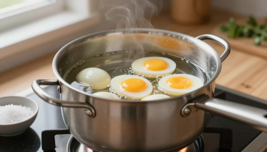 A close-up view of a stainless steel pot with perfectly boiled eggs, both soft and hard-boiled, nestled in clear, gently bubbling water. The pot is on a modern stovetop with a flame visible underneath, casting a warm glow. Beside the pot, a small bowl of coarse salt reflects the light, suggesting the addition of seasoning. Soft morning light filters in from a nearby window, illuminating the scene and creating a calm atmosphere. In the background, a wooden countertop adds warmth, with subtle hints of herbs and kitchen utensils displayed. The image captures an inviting, stress-free cooking environment, perfect for the art of boiling eggs to perfection.