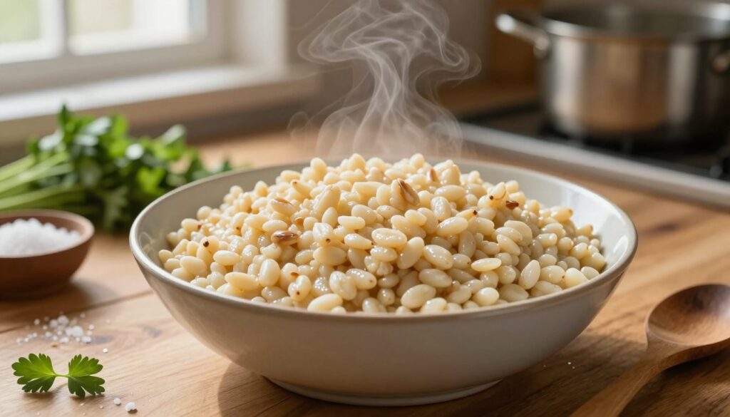 A close-up view of a steaming bowl of pęczak, a traditional Polish barley dish, sitting on a wooden kitchen table. The pęczak is fluffy and perfectly cooked, with a light glistening sheen, showcasing its individual grains. Surround the bowl with scattered ingredients like fresh herbs, a small bowl of salt, and a wooden spoon, enhancing the rustic atmosphere. Soft, warm lighting from a nearby window casts gentle shadows, creating a cozy, inviting ambiance. In the background, a blurred view reveals a kitchen setting with pots and pans, subtly suggesting the process of cooking. The focus is on the texture and presentation of the pęczak, embodying a sense of warmth and home-cooked comfort.