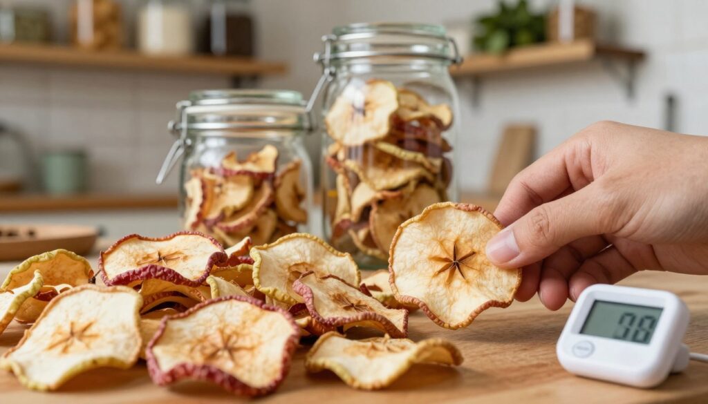 A close-up view of a vibrant assortment of dried apple slices spread out on a wooden surface, with a focus on their texture and dryness. In the foreground, a hand gently squeezes one of the apple slices to demonstrate its crispness, accompanied by a small moisture meter for checking dryness levels. The middle ground shows a few clear glass jars, ready for packing, reflecting soft natural light that highlights the apple's rich colors. The background features a rustic kitchen setting, with soft-focus shelves filled with preservation materials and herbs. The overall atmosphere is warm and inviting, suggesting the importance of proper storage techniques while ensuring the viewer feels motivated to preserve their dried fruits efficiently.