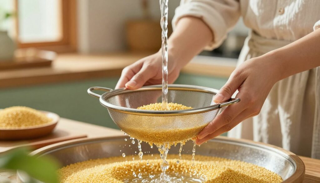 A close-up view of a woman gently rinsing millet in a fine mesh sieve under a stream of clear water, capturing the texture of the grains as they glisten. The background features a bright kitchen with rustic elements, sunlight streaming through the window, creating a warm and inviting atmosphere. The woman is dressed in a modest casual outfit, focused and serene, emphasizing her careful attention to detail. In the foreground, grains of millet can be seen being washed away, while droplets of water cascade off the sieve, conveying freshness and purity. The color palette consists of soft, natural tones with vibrant greens and warm wood accents, evoking a sense of wholesome cooking.