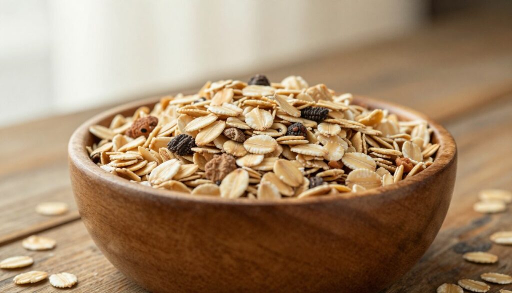 A close-up view of a wooden bowl filled with various types of oat flakes, showcasing their diverse textures and colors - from smooth rolled oats to chunky steel-cut varieties. The bowl is placed on a rustic wooden table, surrounded by scattered oat flakes for added detail. In the background, soft, natural light filters through a sheer curtain, creating a warm and inviting atmosphere. The scene is captured with a shallow depth of field, highlighting the oats while gently blurring the background. The overall mood is cozy and homely, evoking the comfort of preparing a wholesome breakfast. No text or overlays are present, focusing solely on the beauty of the oats.