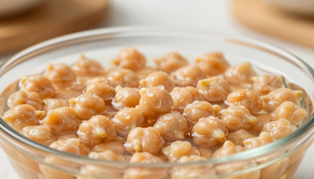 A close-up view of chickpeas soaking in a bowl of water, highlighting the texture of the legumes as they absorb moisture. The foreground features droplets of water glistening on the surface of each chickpea, emphasizing their freshness. In the middle section, the bowl made of glass reveals the translucent, slightly swollen chickpeas surrounded by clear water. The background includes a softly blurred kitchen counter setting, with ambient light filtering through a window, creating a warm and inviting atmosphere. The overall mood conveys a sense of care and preparation, perfect for illustrating the soaking process as an essential step in cooking chickpeas. The image should be bright, well-lit, and detailed, capturing the magic of transformation from dry to soaked chickpeas.