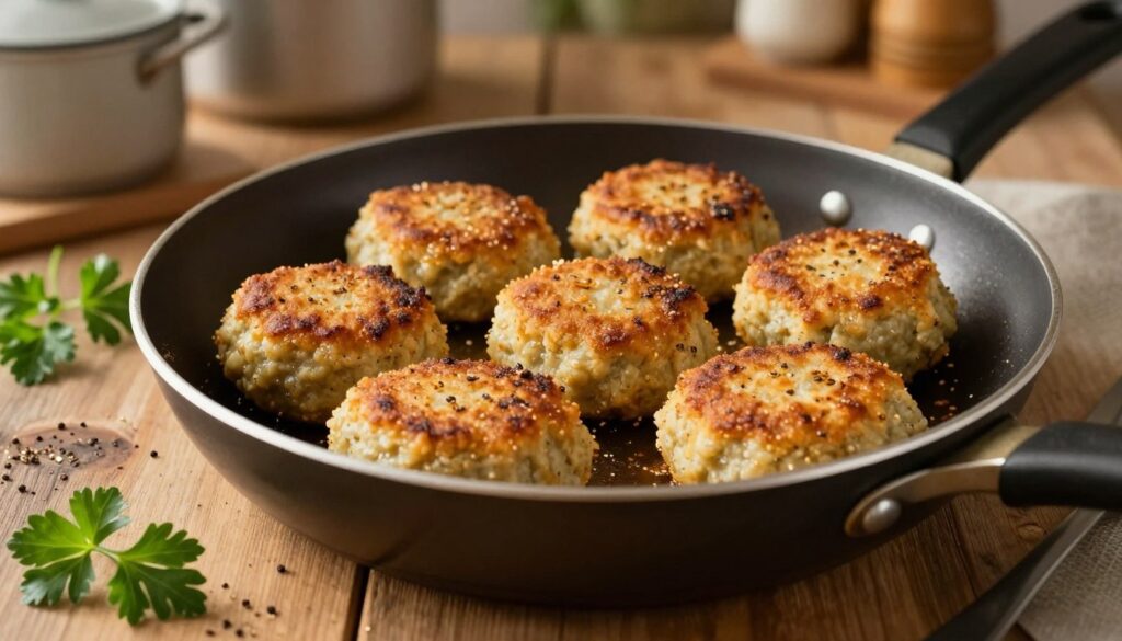 A close-up view of delicious, golden-brown "kotlety bez jajka" sizzling in a frying pan. The focus is on the perfectly shaped patties, showcasing their crisp texture and rich color. The pan is set on a rustic wooden kitchen table, with a few sprigs of fresh parsley and a light sprinkle of black pepper scattered artistically around. Soft, warm lighting highlights the food, casting gentle shadows that enhance the textures. In the background, a blurred view of a cozy kitchen with pots and utensils hints at home cooking. The atmosphere is inviting and homely, evoking a sense of comfort and satisfaction from homemade meals.