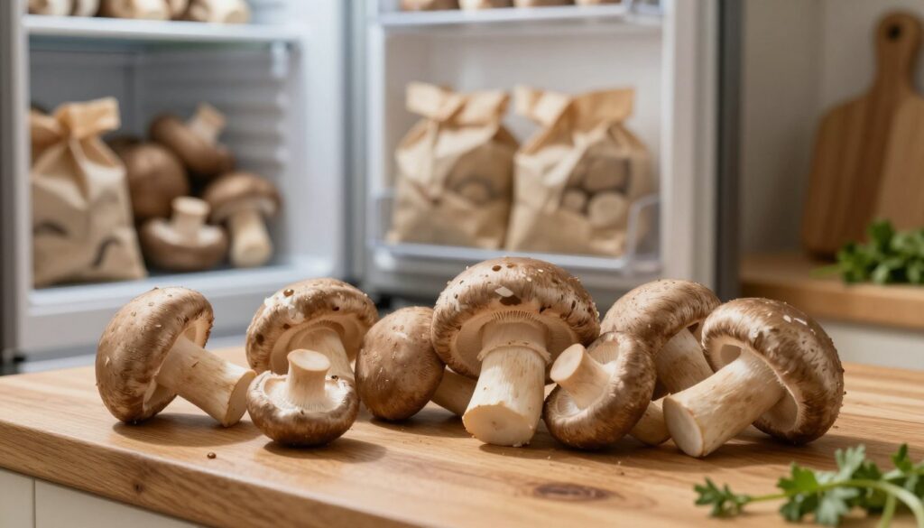 A close-up view of fresh mushrooms arranged on a wooden kitchen countertop, showcasing various types such as button, shiitake, and portobello. The lighting is soft and warm, emphasizing their natural colors and textures, with gentle highlights reflecting off the moist surfaces of the mushrooms. In the background, a fridge door slightly ajar reveals shelves stocked with more mushrooms stored in breathable paper bags. A rustic kitchen setting with herbs and a chopping board are visible, creating a cozy, domestic atmosphere. The focus is sharp on the mushrooms in the foreground, while the background is softly blurred, enhancing the subject. The overall mood is inviting and informative, highlighting the importance of proper storage to maintain freshness.