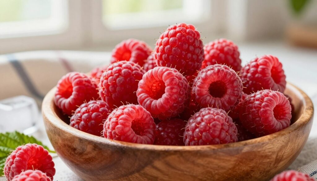 A close-up view of fresh raspberries in a rustic kitchen setting, arranged in a wooden bowl, showcasing their vibrant red color and slight sheen. In the foreground, a few raspberries are nestled among green leaves, hinting at their natural environment. The middle ground features a delicate cloth towel and some ice cubes, suggesting a cooling technique to preserve the berries. In the background, soft, diffused sunlight streams through a window, creating a warm and inviting atmosphere. The overall mood evokes freshness and the joy of preserving seasonal fruits without mold. The camera angle is slightly angled down, capturing the texture of the raspberries, enhancing the focus on their freshness and shielding them from mold.