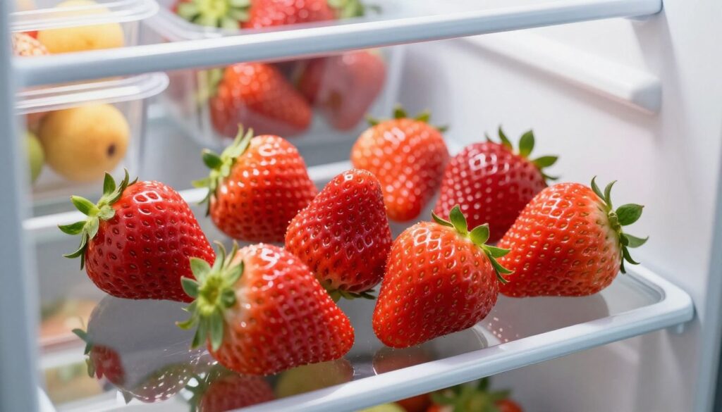 A close-up view of fresh, vibrant strawberries placed carefully in an organized refrigerator. The strawberries should be glistening with freshness, showcasing their rich red color and green leafy caps. Soft, natural lighting illuminates the fridge interior, creating a clean and tidy atmosphere. The background reveals clear containers holding other fruits, emphasizing a well-maintained fridge. The angle is slightly tilted to capture the strawberries as the central focus, while the shelves and other contents hint at a healthy lifestyle. The overall mood is bright, inviting, and fresh, conveying the ideal conditions for storing strawberries without mold or loss of flavor.