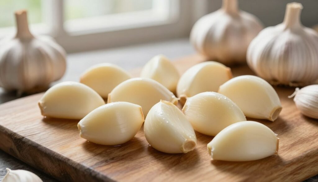A close-up view of freshly peeled garlic cloves arranged artistically on a rustic wooden cutting board, surrounded by a few unpeeled garlic bulbs. The cloves should glisten with a light sheen, indicating freshness. In the background, soft natural light filters through a window, creating a warm, inviting atmosphere. The focus is sharp on the garlic, with a shallow depth of field blurring the edges slightly, drawing attention to the textures and details of the garlic. The image conveys a sense of home cooking and culinary preparedness, perfect for a section about storing garlic effectively to prevent sprouting or mold.